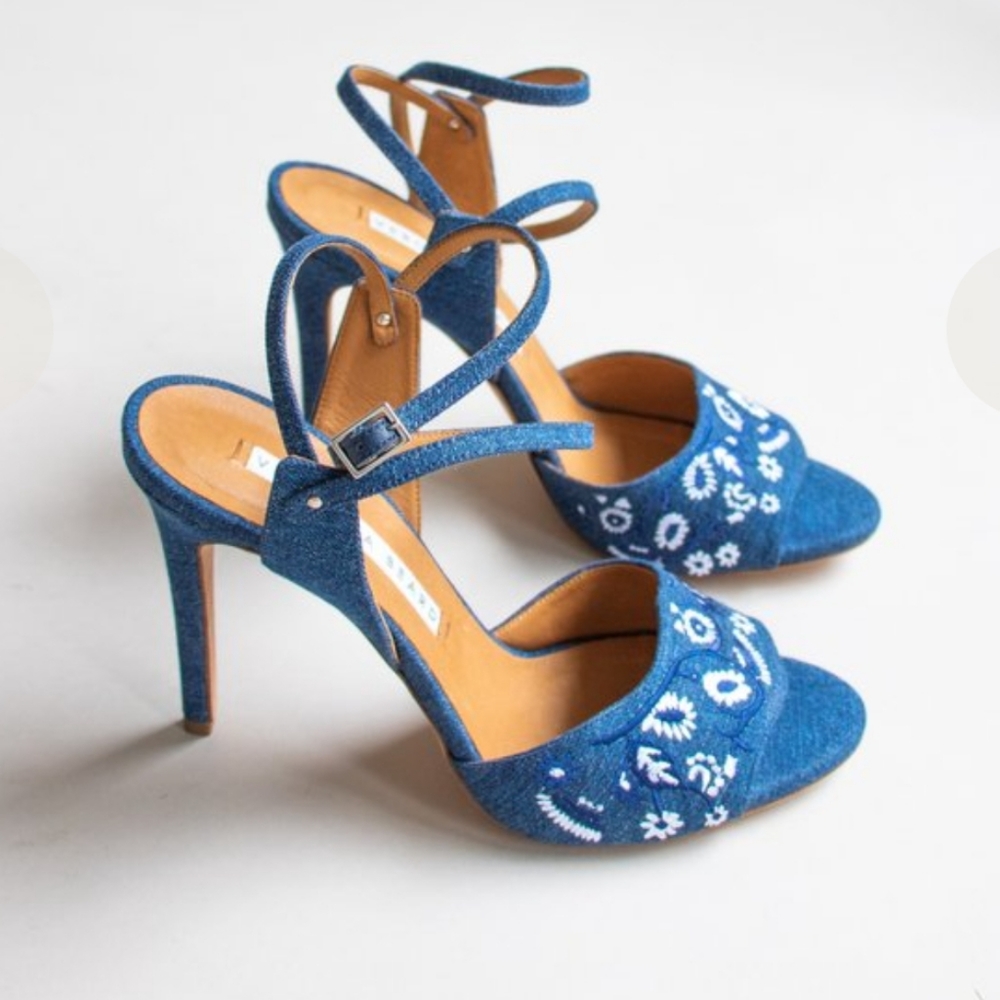 Veronica Beard chambray Denim White Floral Embroidered Sandals Heels Strappy